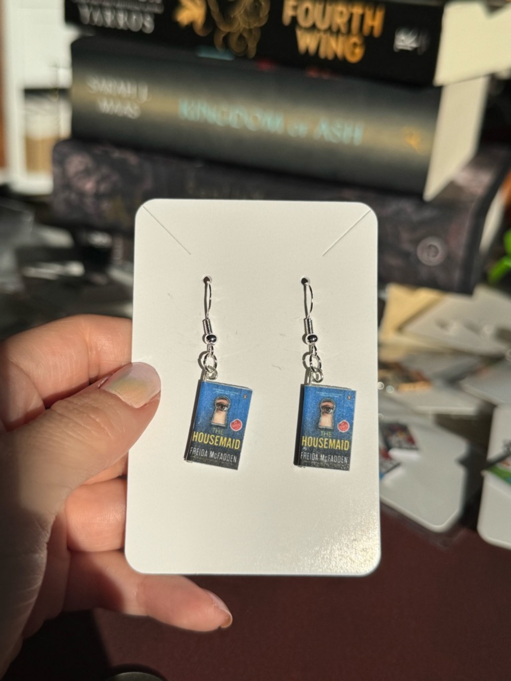 Housemaid Book Cover Dangle Earrings - Blue - Picture 5 of 7